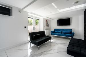 a living room with a blue couch and a chair at Modern 3BHK near Edinburgh zoo in Edinburgh