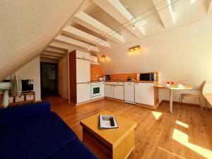 a living room with a blue couch and a table at Boddenhus Apartment in Gager