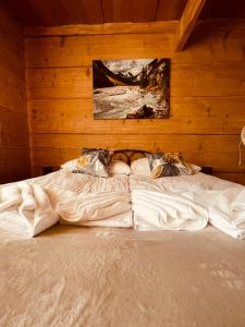 a large white bed in a room with wooden walls at Apartament Władek in Biały Dunajec