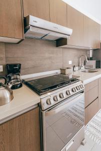 a kitchen with a stove and a sink at Peaceful Villa W Ocean View Rooftop in Punta Sur in Isla Mujeres