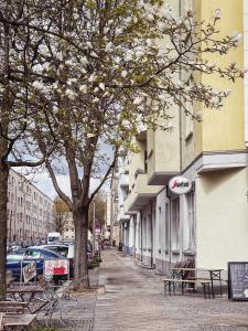 eine Straße mit Bänken und einem Baum und einem Gebäude in der Unterkunft Apartment Prenzlauer Berg in Berlin
