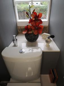 a bathroom with a toilet and a window and a vase with flowers at Old Horns Cottage, Higham Derbyshire in Alfreton