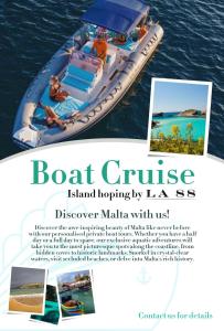 a flyer for a boat cruise island hopping by lagos discover malta with us at LA 88 Boutique in St. Paul's Bay