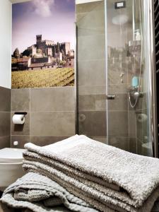 La salle de bains est pourvue d'une douche et de toilettes avec des serviettes. dans l'établissement Stanza Allegra Soave, à Soave