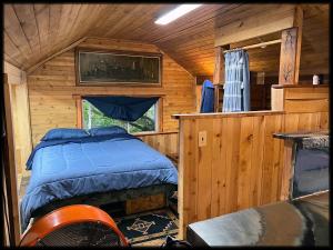 Dormitorio de una cabaña de madera con cama en Paragon Penthouse, en Martinsville