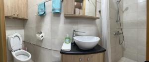 een kleine badkamer met een wastafel en een toilet bij Cosy Piano village cottage in Pachna in Limassol