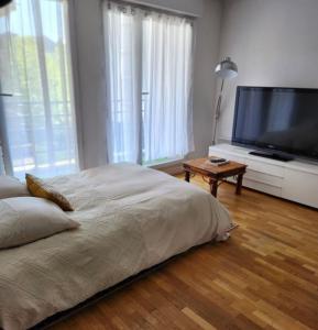 a bedroom with a large bed and a flat screen tv at appartement Disneyland paris val d Europe la vallée village parking 600m gare RER in Montévrain
