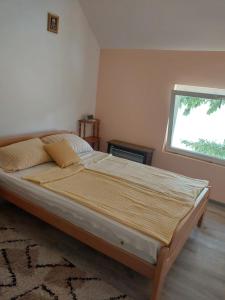 a bed in a bedroom with a large window at Dušanov Zaliv - Perućac in Skelani
