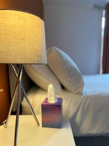 a bed with a box of tissues next to a lamp at The Pier Suite Serviced Apartment Blackpool in Blackpool