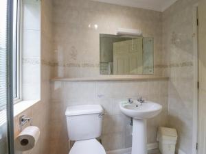 a bathroom with a toilet and a sink and a mirror at Dogwood Timber Lodge in Keswick +35 photos