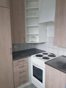a white stove top oven in a kitchen with wooden cabinets at Kaarteen yksiö in Oulu