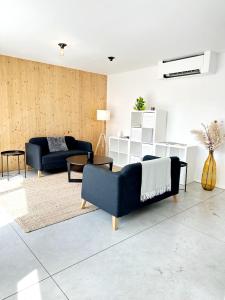 a living room with two blue couches and a table at Penthouse GuiZa in Namur