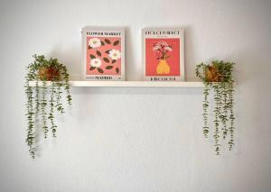a shelf with plants and pictures on a wall at MyChoice Dos Mares by Bossh! Apartments in Rota