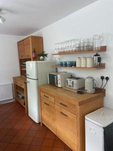 a kitchen with a white refrigerator and wooden cabinets at Seaglass Cottage Mumbles in Oystermouth
