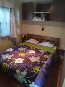 a bedroom with a bed with a purple and green blanket at coin de paradis bord de Saone (avec jacuzzi) in Massieux