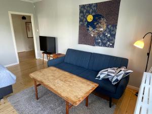 sala de estar con sofá azul y mesa en Stor etta på lugna söder en Växjö