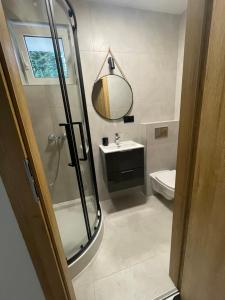 a bathroom with a shower and a sink and a mirror at JW Holidays in Jastrzębia Góra