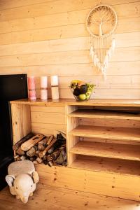 una sauna con un osito de peluche sentado junto a un estante en Arboretum, en Vlasenice