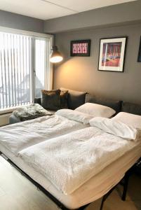 uma cama grande num quarto com um sofá em Modern 2 bedroom apartment in Oslo city centre em Oslo