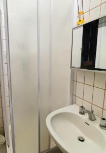 een badkamer met een wastafel en een douche bij Appartamento vista mare e uliveto a Tellaro in Tellaro