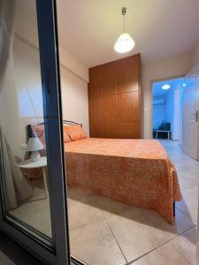 Schlafzimmer mit einem Bett und einem Glasfenster in der Unterkunft Αγρίνιο κέντρο ΔΣ A2 in Agrinio
