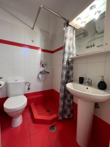 ein rot-weißes Bad mit einem WC und einem Waschbecken in der Unterkunft Αγρίνιο κέντρο ΔΣ A2 in Agrinio