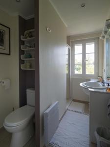 a bathroom with a toilet and a sink and a window at Maison Saloine in Saintes