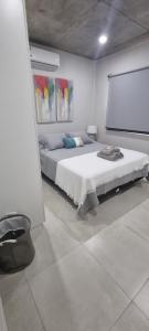 a bedroom with a large bed and a projection screen at Tranquilo dpto. zona aeropuerto!!! in La Mercedes
