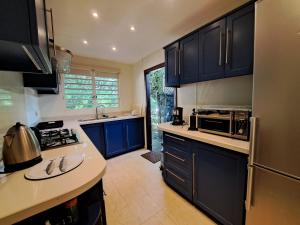 a kitchen with blue cabinets and a counter top at Serenity - Cheerful 2-Bedrooms Beachfront Villa. in Trou d'Eau Douce