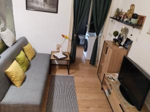 a living room with a couch and a television at Bagins Apartman in Kostolac