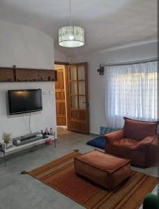 a living room with a couch and a flat screen tv at Traditional Stone Cottage in Özdere