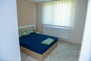 a small bedroom with a blue bed and a window at Къща за гости Хаджиеви in Ognyanovo