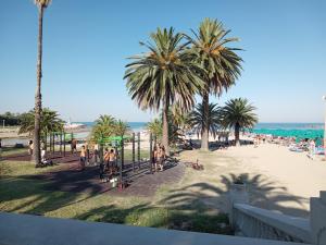 een uitzicht op een strand met palmbomen en mensen bij Casa Valentina in San Benedetto del Tronto