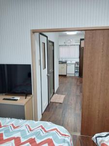 a room with a bed and a television and a kitchen at Marunishi in Osaka