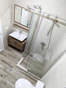 a bathroom with a shower and a toilet and a sink at Brand new apartment in Kutaisi in Kutaisi