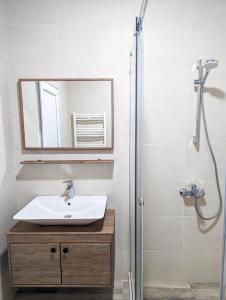 a bathroom with a sink and a mirror at Brand new apartment in Kutaisi in Kutaisi