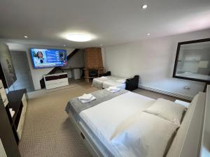 een hotelkamer met een bed en een flatscreen-tv bij Casa Anisia Hunedoara in Hunedoara