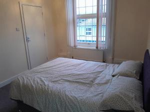 a bedroom with a bed and a large window at Falcon Villa in Grimsby
