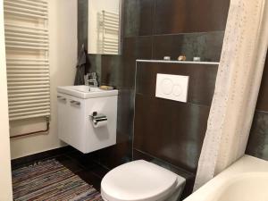 a bathroom with a white toilet and a sink at Joli studio renové avec goût proche de la gare in Le Locle