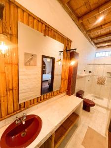 Casa Gabriel Rivera في ريفيرا: حمام مع حوض ومرآة وحوض استحمام