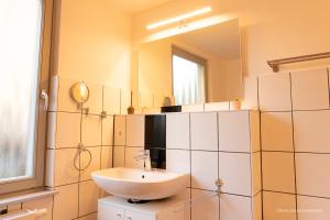 uma casa de banho com um lavatório e um espelho em FEWO in Weimar mit Garten am Schwanseebad em Weimar