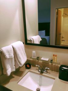 uma casa de banho com um lavatório e um espelho em Aptel Studio Hotel em Anchorage