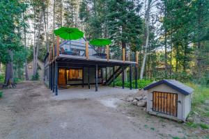 a house in the middle of a forest with a deck at Truckee Family Home, Walk to Lake and 5 Mi to Skiing in Truckee
