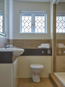 a bathroom with a toilet and a sink and a window at The Kingfisher in Bedford +27 photos