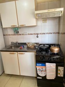 a small kitchen with a stove and a sink at Dpto Centrico cerca de hospital escuela y facultad de medicina in Corrientes