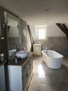 La salle de bains est pourvue de 2 lavabos, d'une baignoire et d'un grand miroir. dans l'établissement Manoir avec son parc de 12000m², à Chaumes-en-Brie