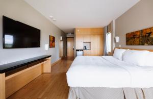 a hotel room with a large bed and a flat screen tv at Le Dauphin St-Hyacinthe in Saint-Hyacinthe