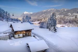 a house covered in snow with mountains in the background at Chalet Pativerdan - OVO Network in Samoëns