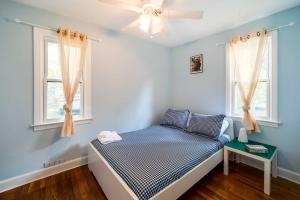 a bedroom with a bed with blue walls and windows at Spacious Ferndale Apt with Yard about half Mi to Dtwn! in Ferndale