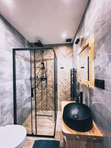 a bathroom with a shower and a toilet at Apartamenty Pod Brzezinami in Murzasichle